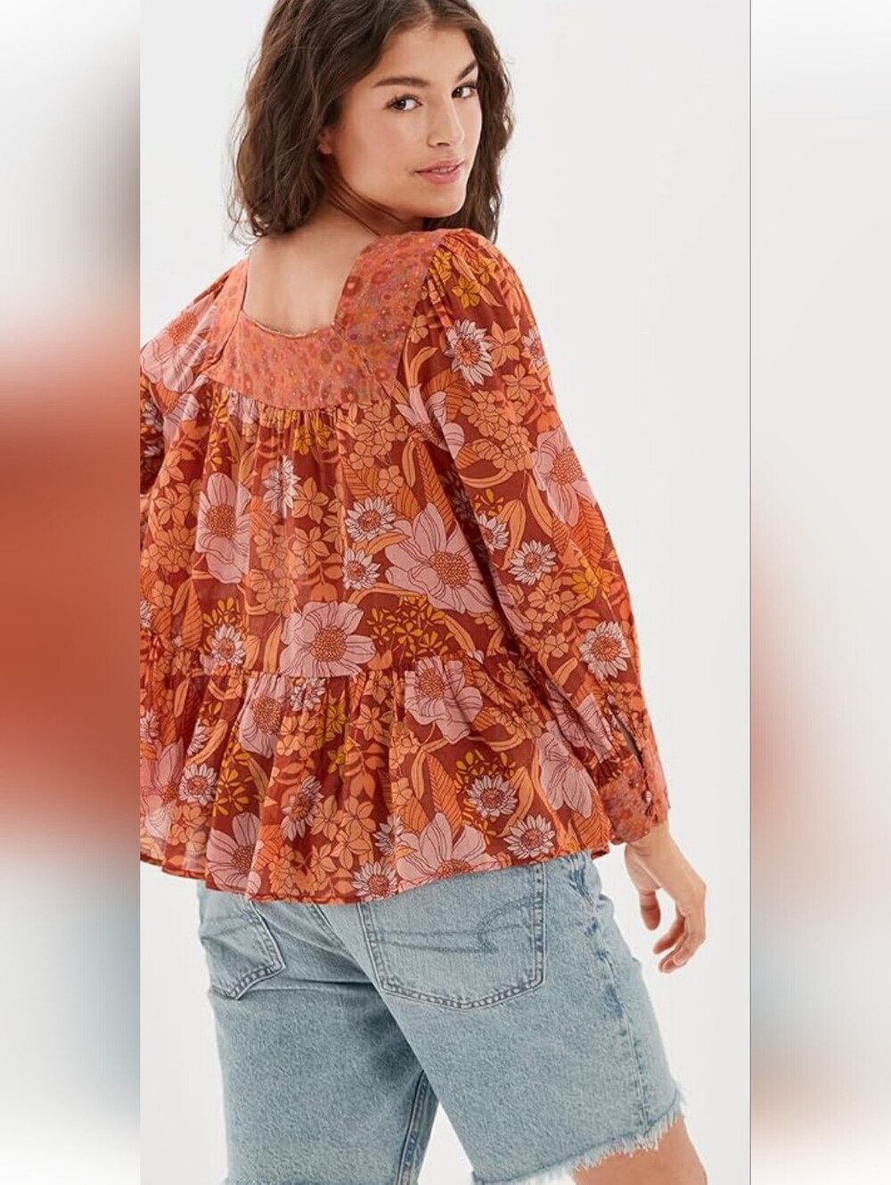 American Eagle Floral Tiered Peasant Top - Rust Pink Size S.